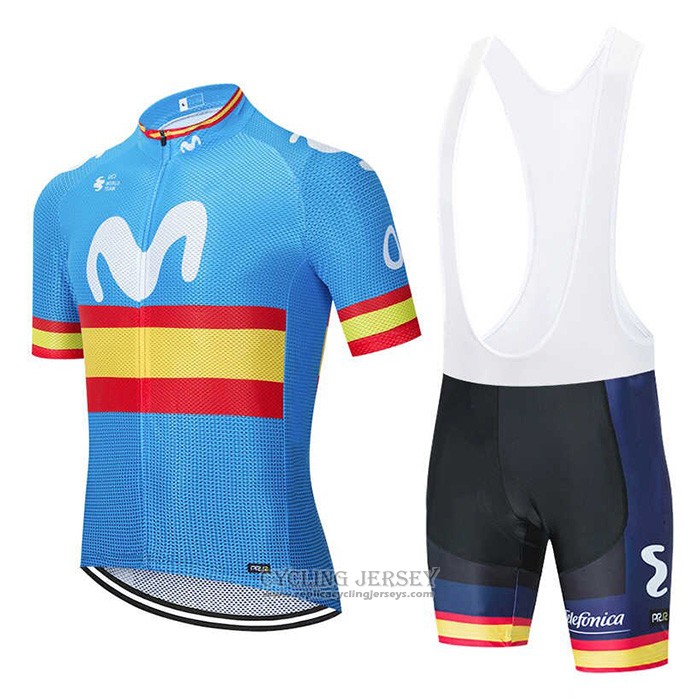 2020 Cycling Jersey Movistar Champions Spain Blue Short Sleeve And Bib Short
